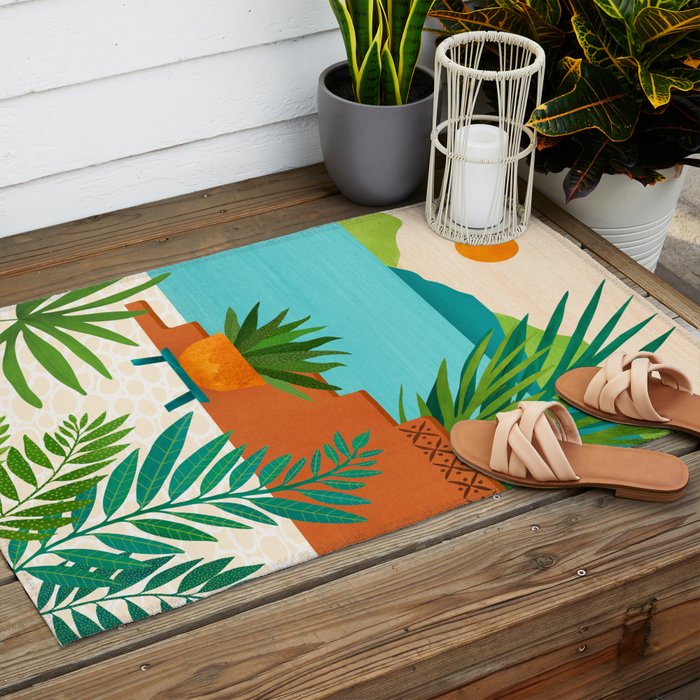 Bali Sunset View in Teal and Orange Outdoor Rug Gallery Image 2
