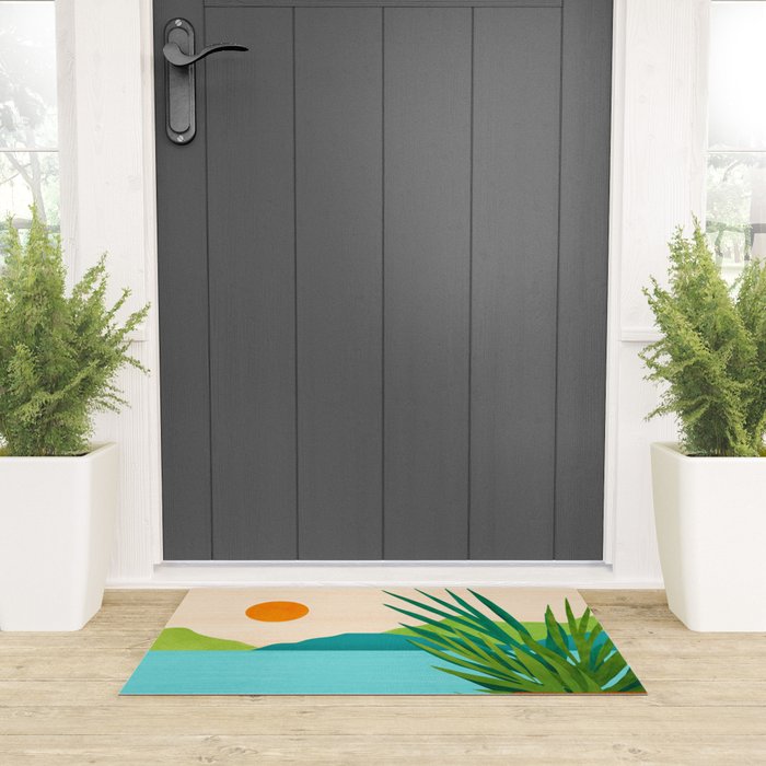 Bali Sunset View in Teal and Orange Welcome Mat Gallery Image 3