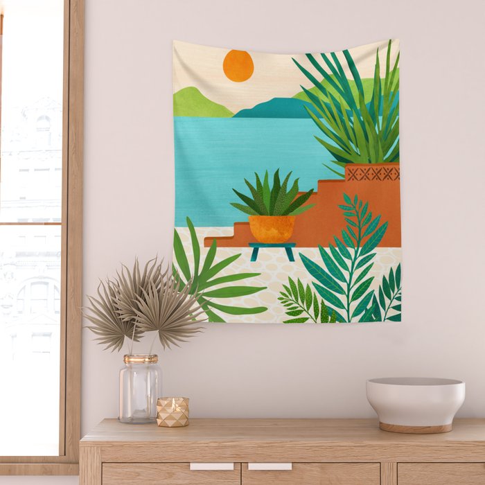Bali Sunset View in Teal and Orange Wall Tapestry Gallery Image 2