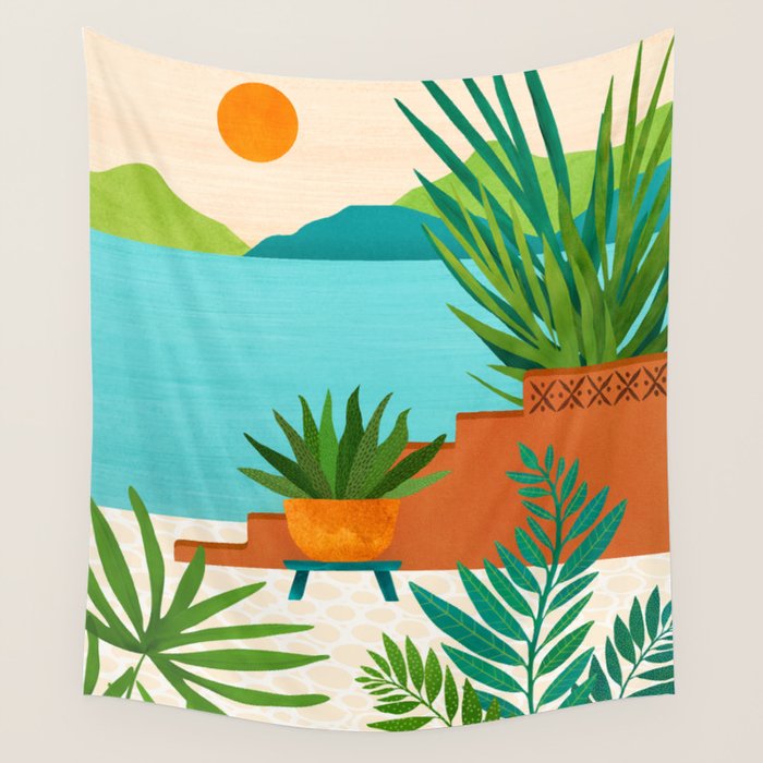 Bali Sunset View in Teal and Orange Wall Tapestry Gallery Image 1
