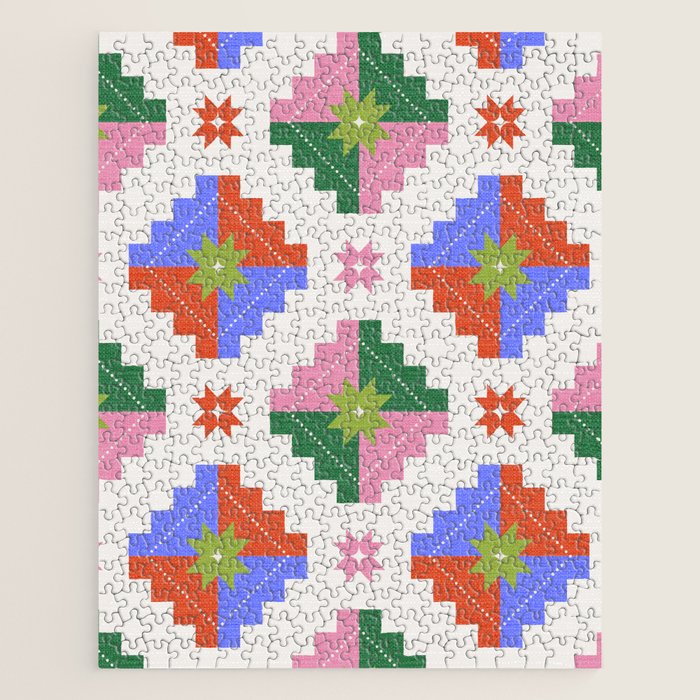 Festive Quilted Starburst Pattern - Vibrant Holiday Design Jigsaw Puzzle Gallery Image 1