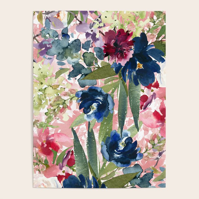 Watercolor pink navy blue burgundy mint floral Poster Gallery Image 1