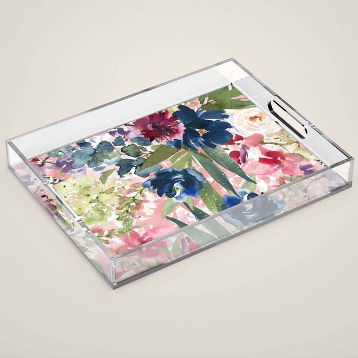 Watercolor pink navy blue burgundy mint floral Acrylic Tray Gallery Image 1