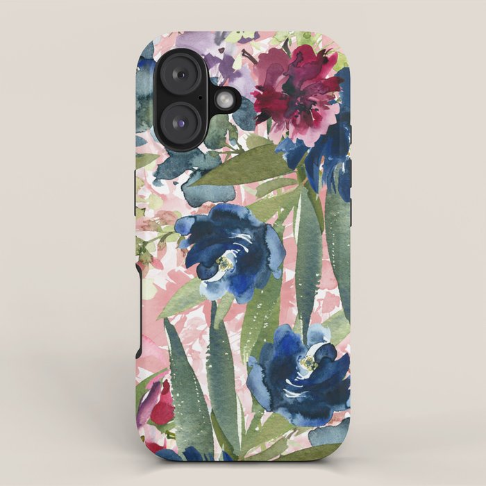 Watercolor pink navy blue burgundy mint floral iPhone Case Gallery Image 1