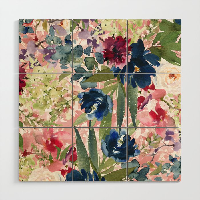 Watercolor pink navy blue burgundy mint floral Wood Wall Art Gallery Image 1