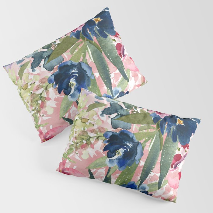Watercolor pink navy blue burgundy mint floral Pillow Sham Gallery Image 3