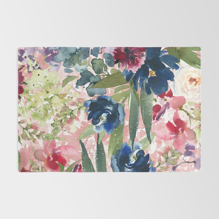 Watercolor pink navy blue burgundy mint floral Rug Gallery Image 2