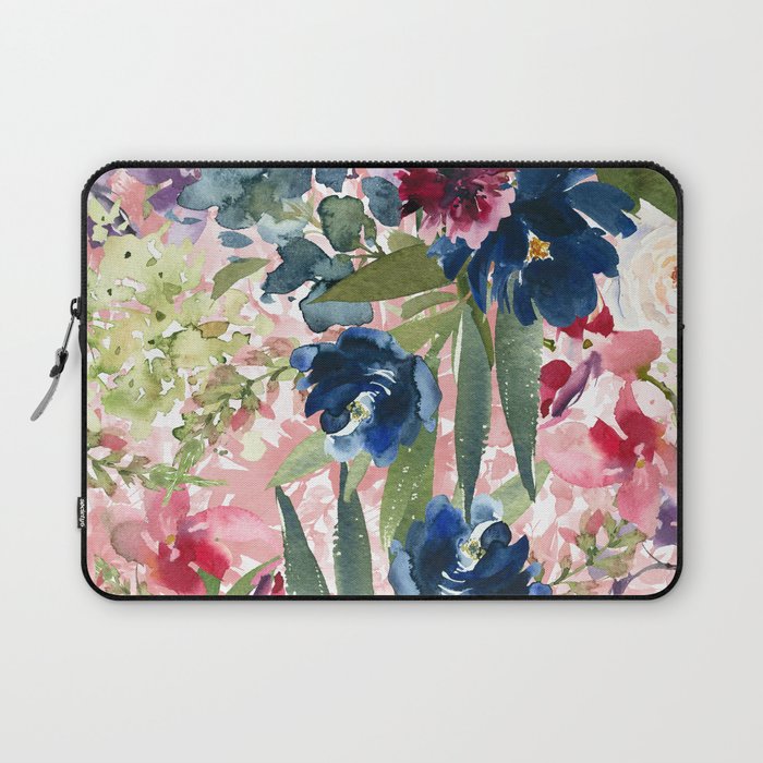 Watercolor pink navy blue burgundy mint floral Laptop Sleeve Gallery Image 1