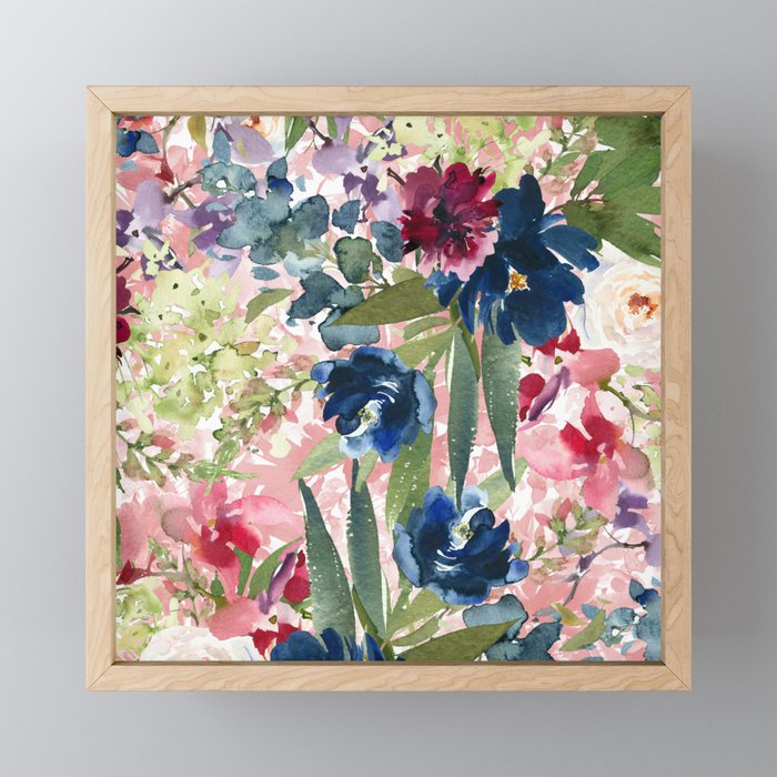 Watercolor pink navy blue burgundy mint floral Mini Art Print Gallery Image 1
