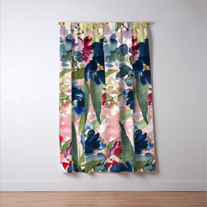 Watercolor pink navy blue burgundy mint floral Window Curtain Gallery Image 3