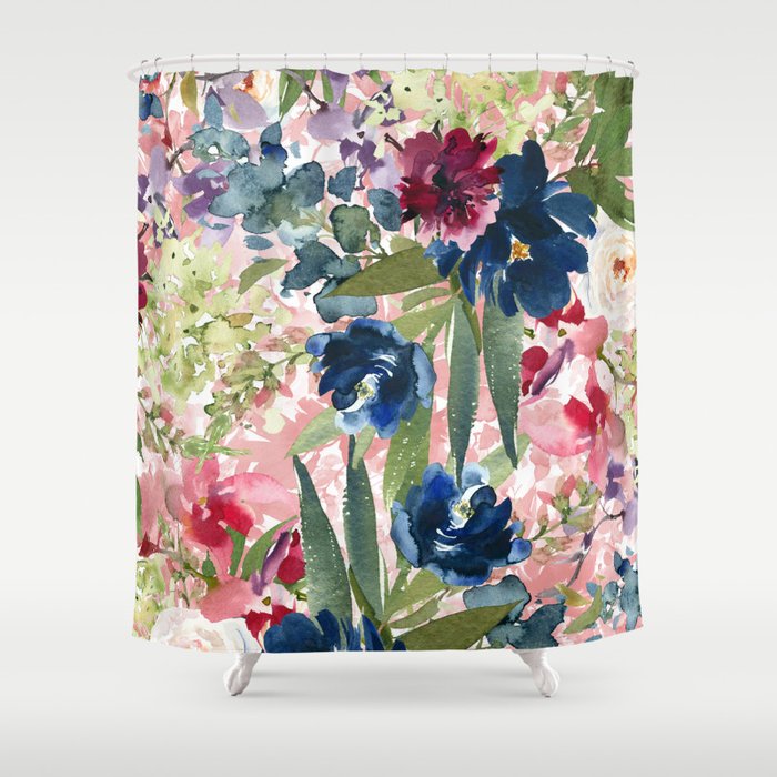 Watercolor pink navy blue burgundy mint floral Shower Curtain Gallery Image 1