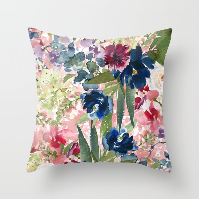 Watercolor pink navy blue burgundy mint floral Throw Pillow Gallery Image 1