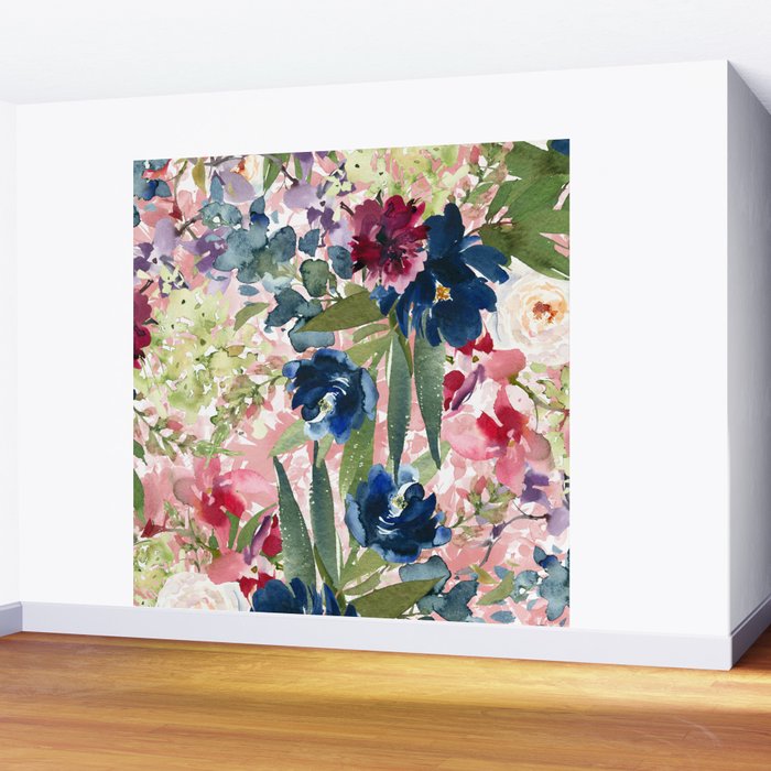 Watercolor pink navy blue burgundy mint floral Wall Mural Gallery Image 2