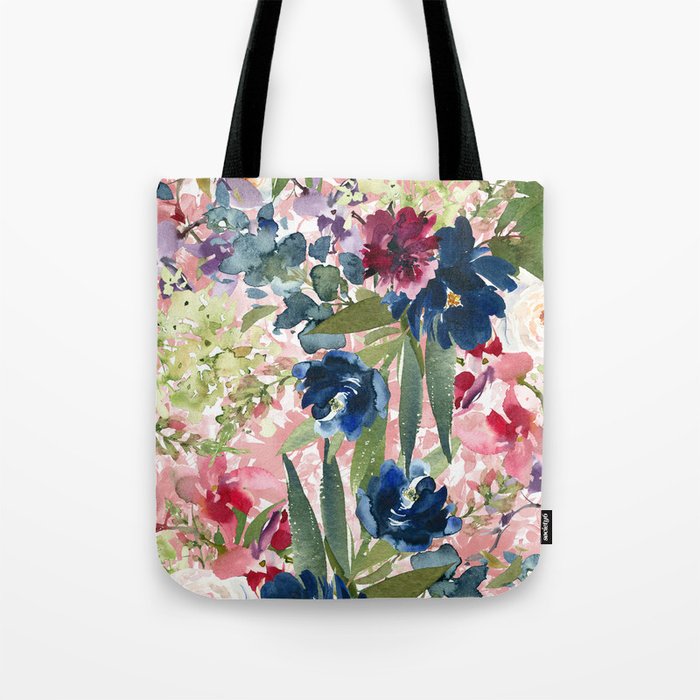 Watercolor pink navy blue burgundy mint floral Tote Bag Gallery Image 1