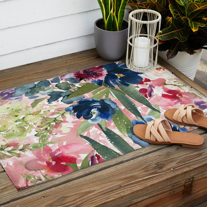 Watercolor pink navy blue burgundy mint floral Outdoor Rug Gallery Image 2