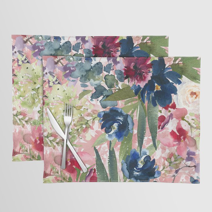 Watercolor pink navy blue burgundy mint floral Placemat Gallery Image 1