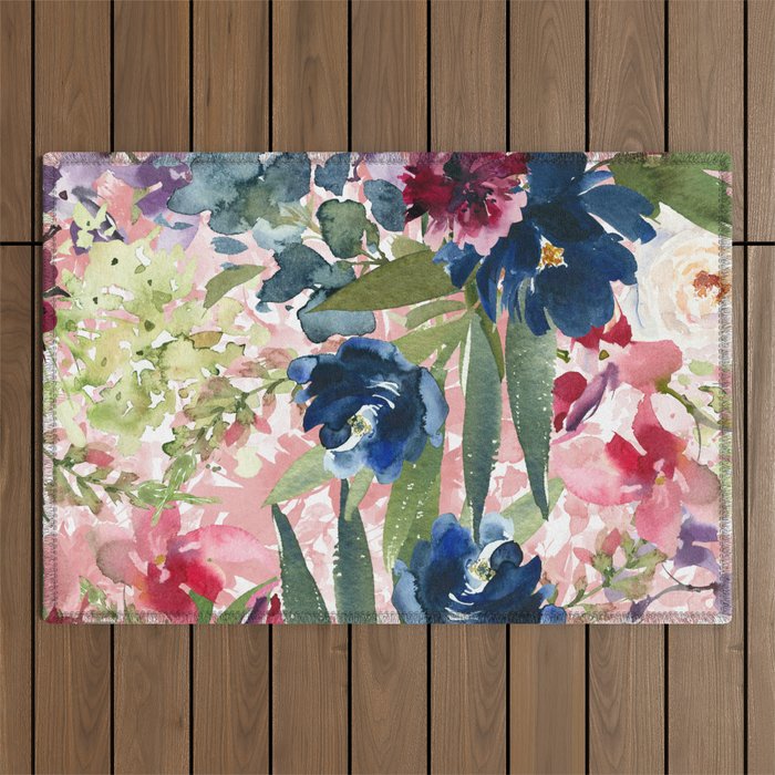 Watercolor pink navy blue burgundy mint floral Outdoor Rug Gallery Image 1