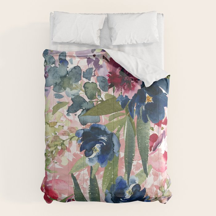 Watercolor pink navy blue burgundy mint floral Comforter Gallery Image 6