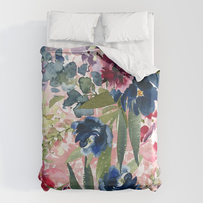 Watercolor pink navy blue burgundy mint floral Duvet Cover Gallery Image 1