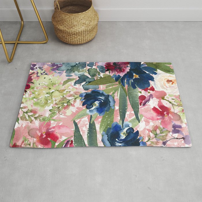 Watercolor pink navy blue burgundy mint floral Rug Gallery Image 1