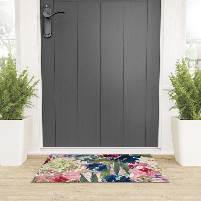 Watercolor pink navy blue burgundy mint floral Welcome Mat Gallery Image 3