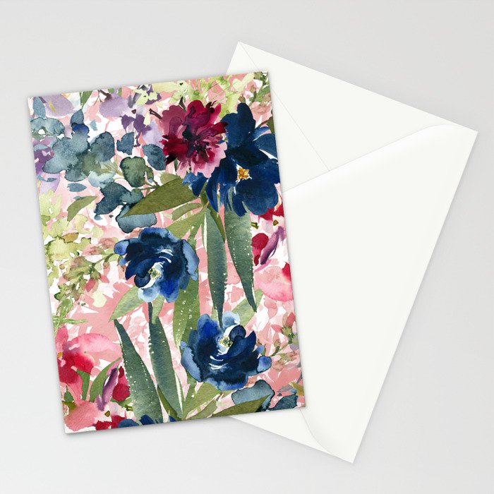 Watercolor pink navy blue burgundy mint floral Stationery Card Gallery Image 2