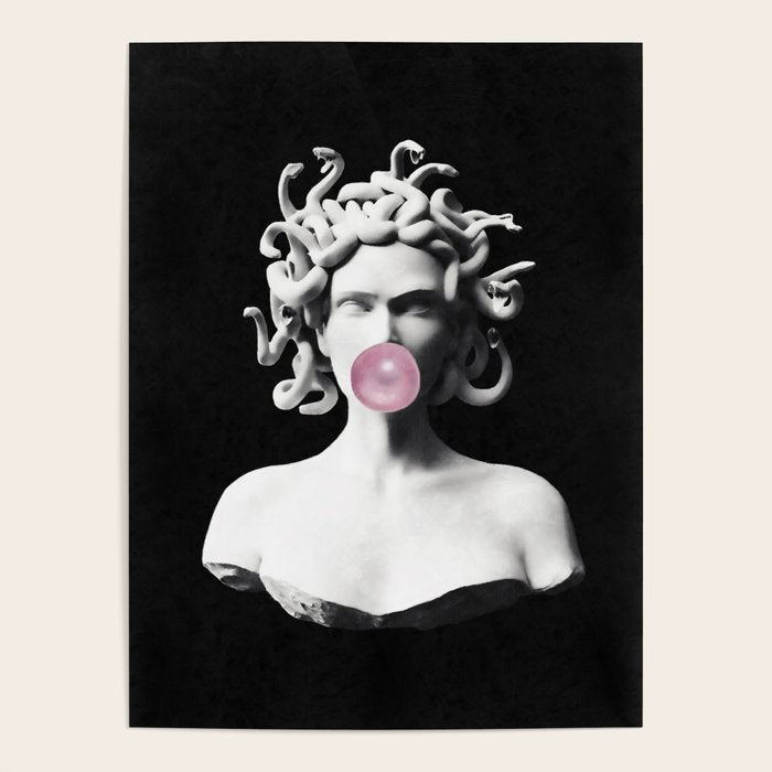 Medusa blowing pink bubblegum bubble Poster