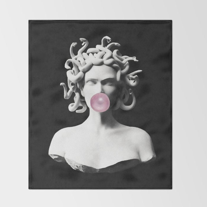 Medusa blowing pink bubblegum bubble Throw Blanket Gallery Image 2
