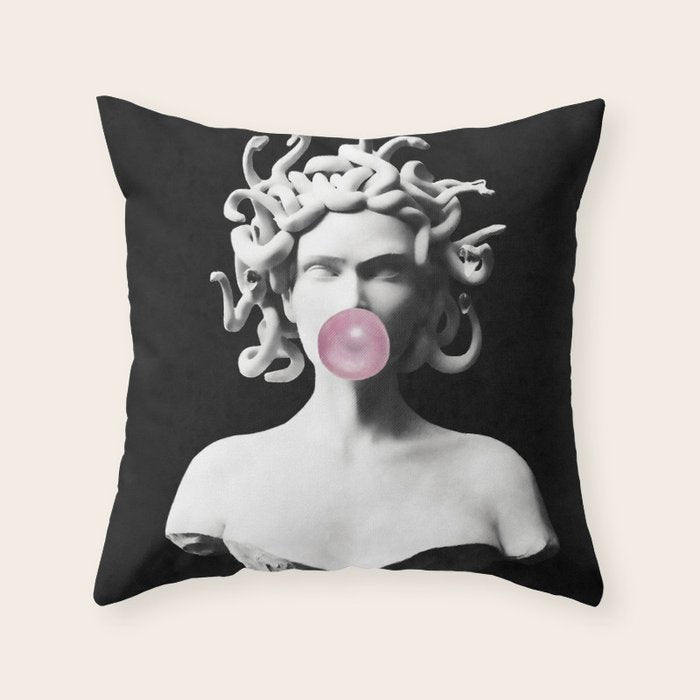Medusa blowing pink bubblegum bubble Throw Pillow Gallery Image 6