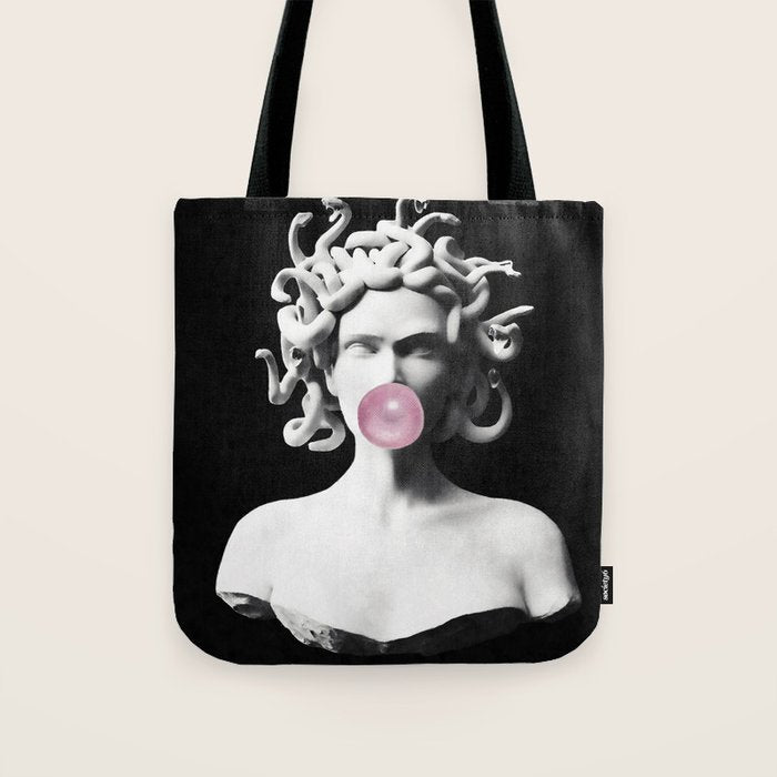 Medusa blowing pink bubblegum bubble Tote Bag Gallery Image 1