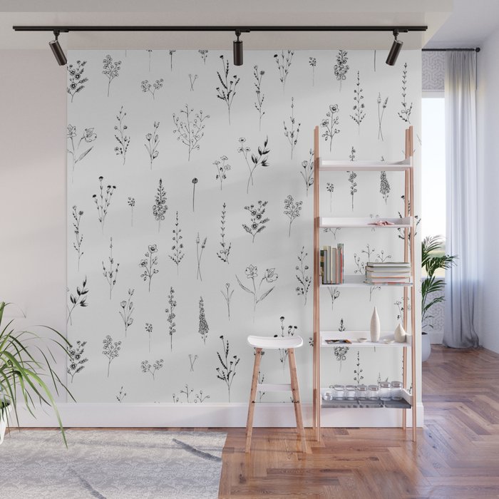 White Wildflowers Pattern Wall Mural Gallery Image 1