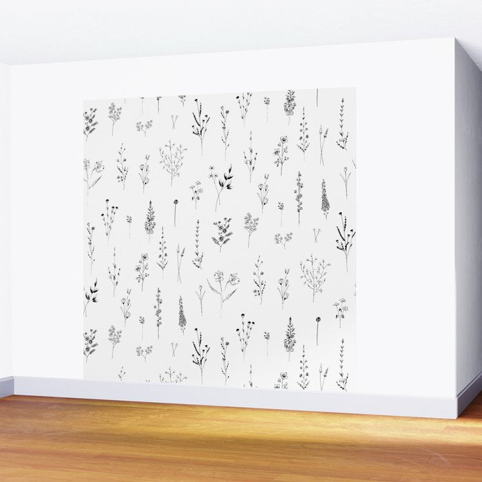 White Wildflowers Pattern Wall Mural Gallery Image 2