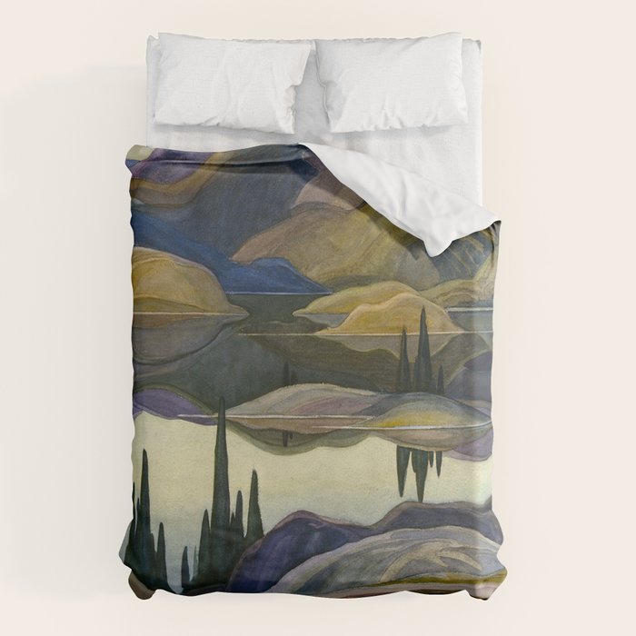 Canadian Landscape Franklin Carmichael Art Nouveau Post-Impressionism Mirror Lake Duvet Cover Gallery Image 6