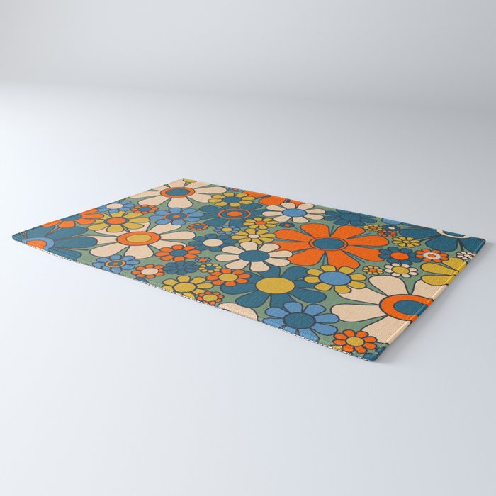 Retro Garden Flowers Groovy Multicolor 60s 70s Floral Pattern Green Blue Orange Mustard Rug Gallery Image 3