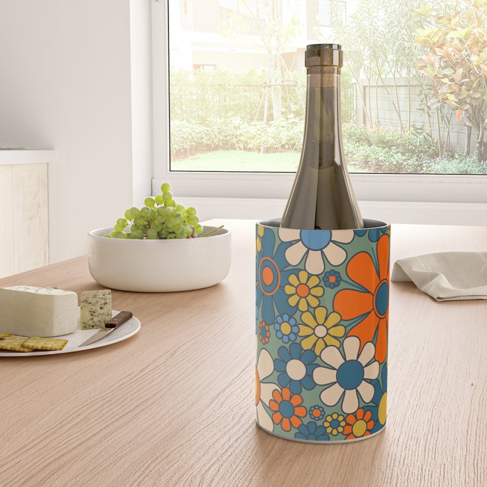 Retro Garden Flowers Groovy Multicolor 60s 70s Floral Pattern Green Blue Orange Mustard Wine Chiller Gallery Image 4