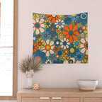Retro Garden Flowers Groovy Multicolor 60s 70s Floral Pattern Green Blue Orange Mustard Wall Tapestry Gallery Image 2