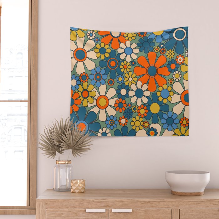 Retro Garden Flowers Groovy Multicolor 60s 70s Floral Pattern Green Blue Orange Mustard Wall Tapestry Gallery Image 2