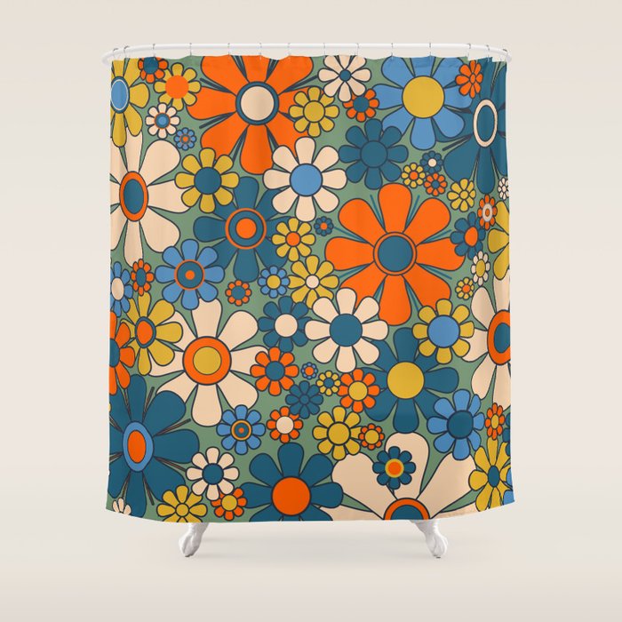 Retro Garden Flowers Groovy Multicolor 60s 70s Floral Pattern Green Blue Orange Mustard Shower Curtain Gallery Image 1