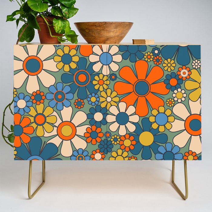 Retro Garden Flowers Groovy Multicolor 60s 70s Floral Pattern Green Blue Orange Mustard Credenza Gallery Image 1