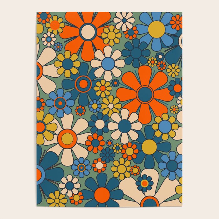 Retro Garden Flowers Groovy Multicolor 60s 70s Floral Pattern Green Blue Orange Mustard Poster Gallery Image 1