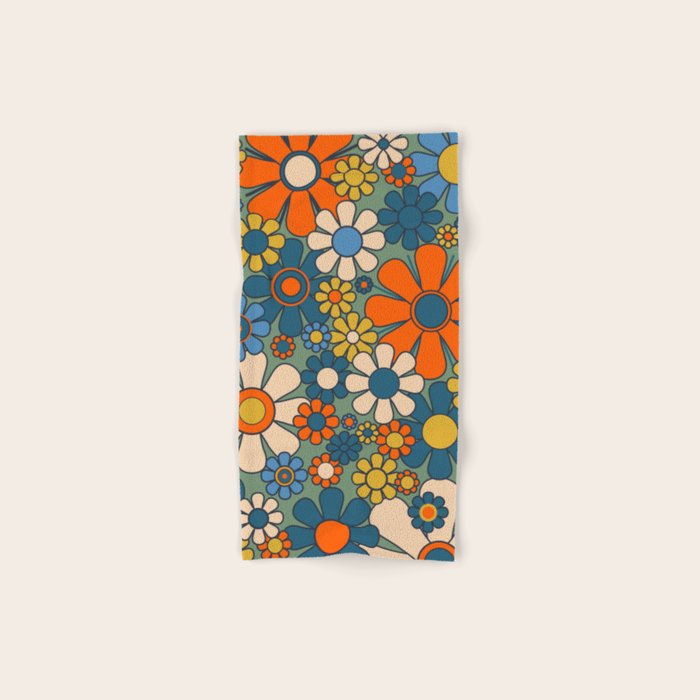 Retro Garden Flowers Groovy Multicolor 60s 70s Floral Pattern Green Blue Orange Mustard Bath Towel Gallery Image 1