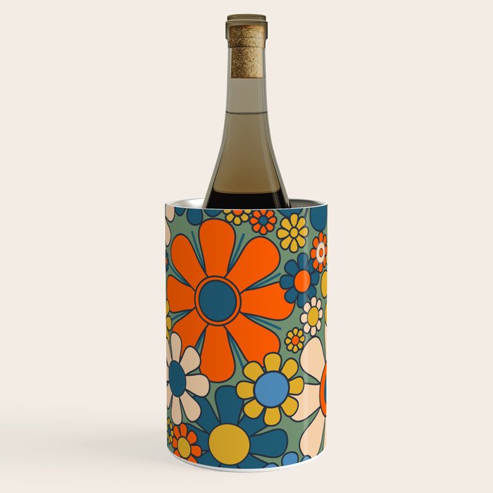 Retro Garden Flowers Groovy Multicolor 60s 70s Floral Pattern Green Blue Orange Mustard Wine Chiller Gallery Image 3
