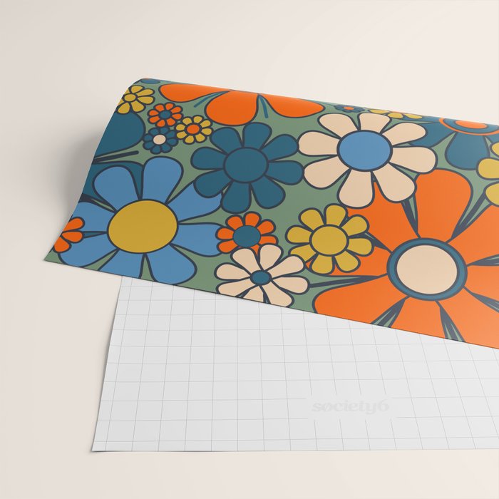 Retro Garden Flowers Groovy Multicolor 60s 70s Floral Pattern Green Blue Orange Mustard Wrapping Paper Gallery Image 2