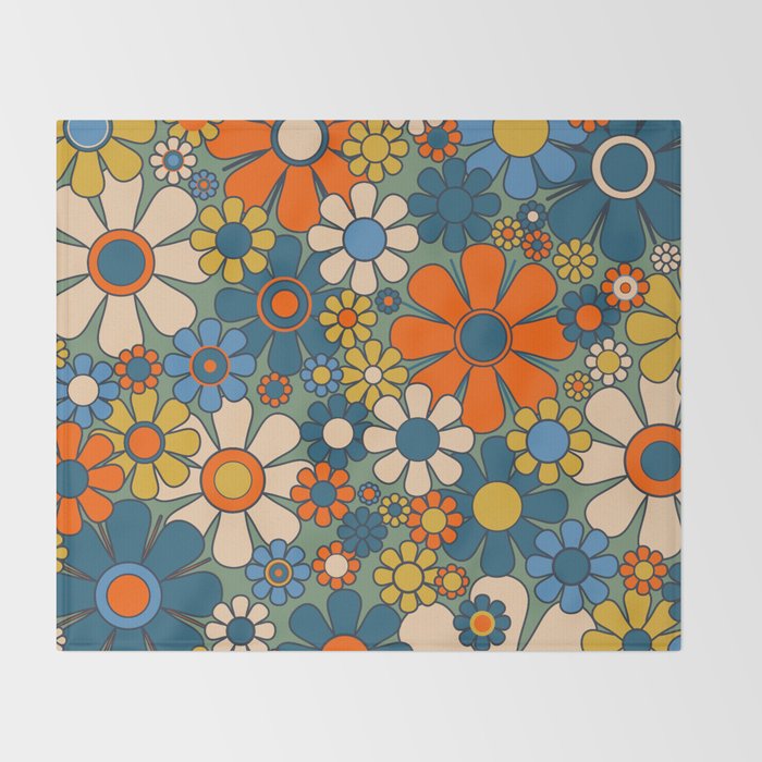 Retro Garden Flowers Groovy Multicolor 60s 70s Floral Pattern Green Blue Orange Mustard Throw Blanket Gallery Image 2