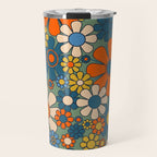 Retro Garden Flowers Groovy Multicolor 60s 70s Floral Pattern Green Blue Orange Mustard Travel Mug Gallery Image 1