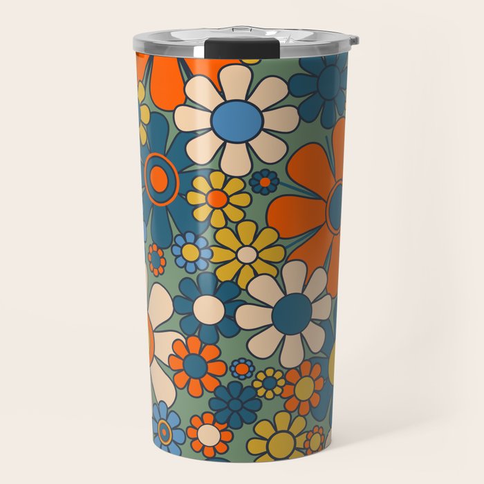 Retro Garden Flowers Groovy Multicolor 60s 70s Floral Pattern Green Blue Orange Mustard Travel Mug Gallery Image 1