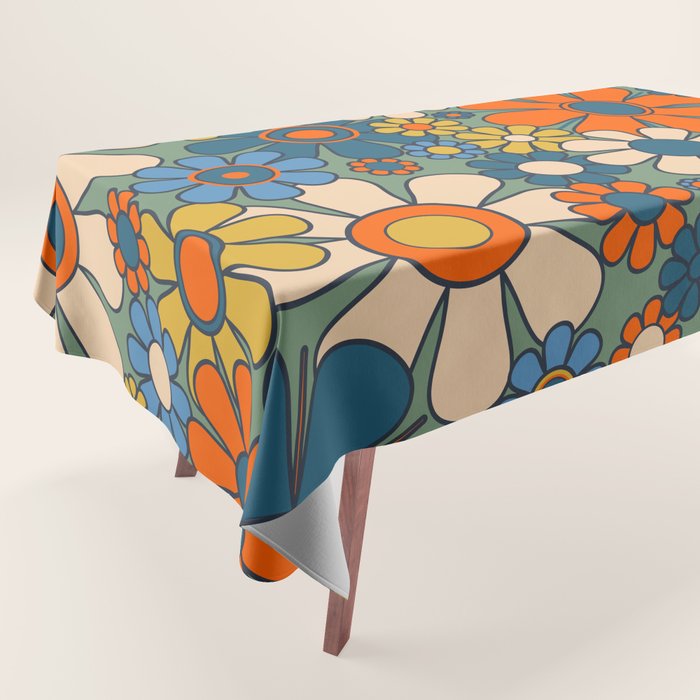 Retro Garden Flowers Groovy Multicolor 60s 70s Floral Pattern Green Blue Orange Mustard Tablecloth Gallery Image 1