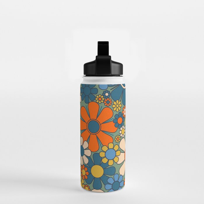 Retro Garden Flowers Groovy Multicolor 60s 70s Floral Pattern Green Blue Orange Mustard Water Bottle Gallery Image 2