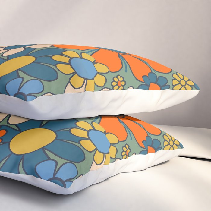 Retro Garden Flowers Groovy Multicolor 60s 70s Floral Pattern Green Blue Orange Mustard Pillow Sham Gallery Image 3