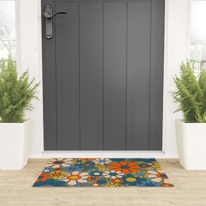 Retro Garden Flowers Groovy Multicolor 60s 70s Floral Pattern Green Blue Orange Mustard Welcome Mat Gallery Image 3